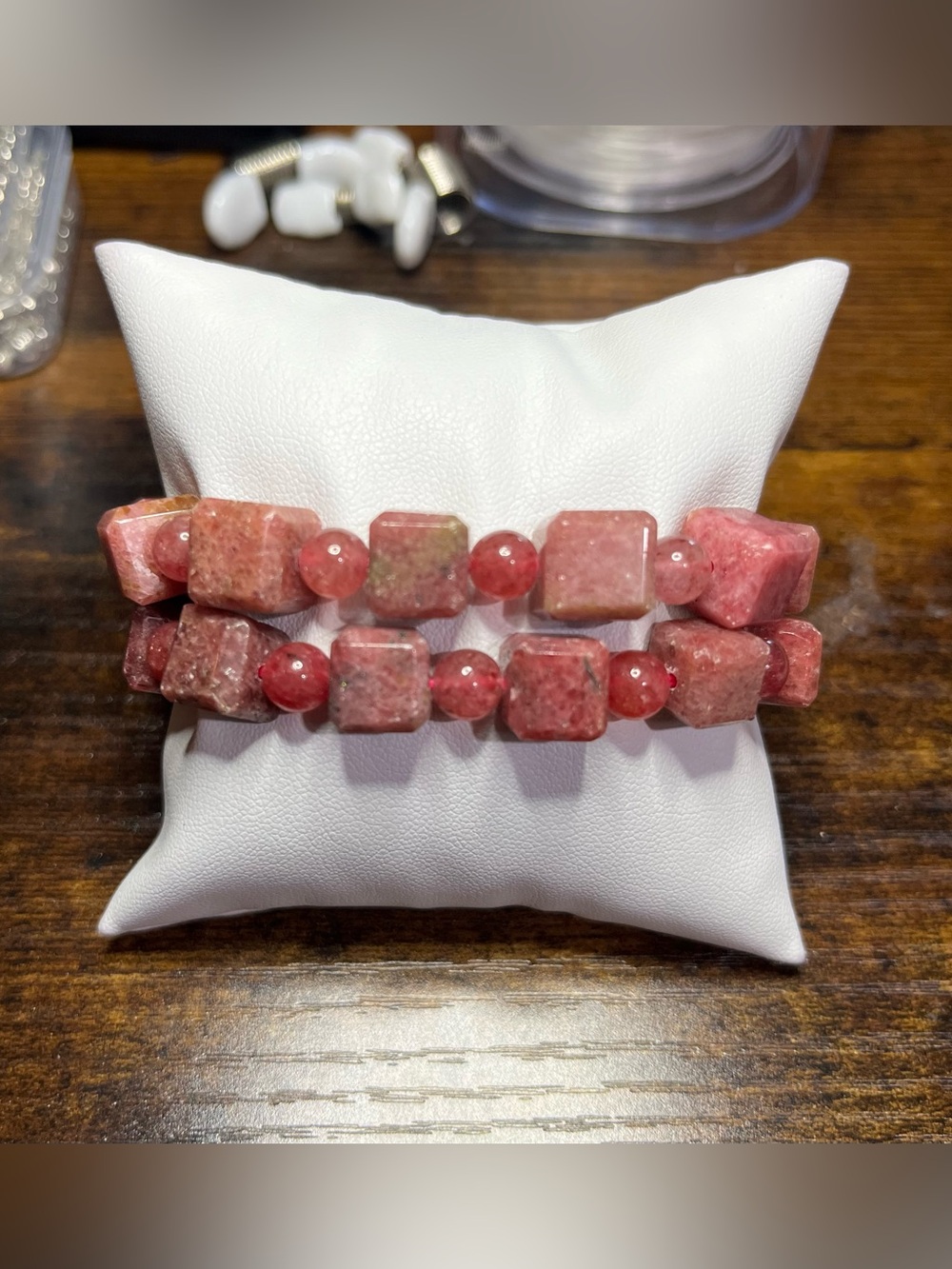 🌸 Rhodonite Gemstone Bracelet Set – Set of 2 Natural Stone